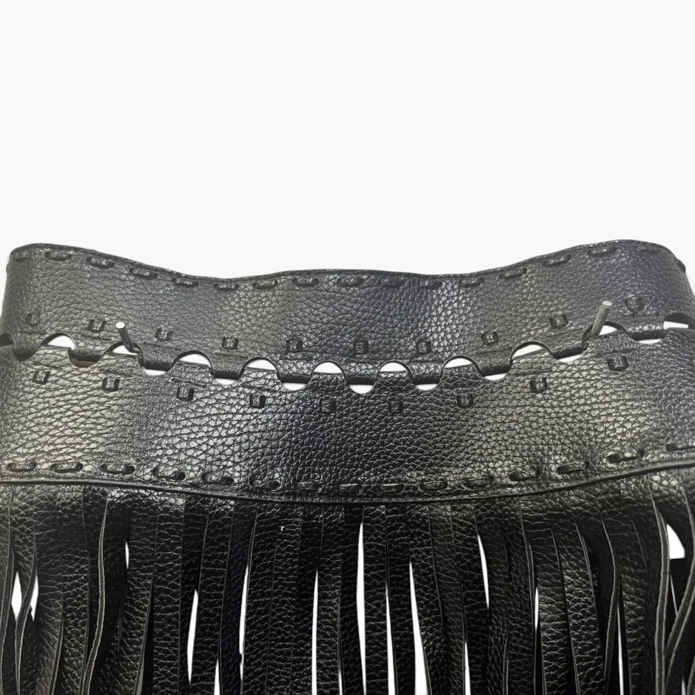 BCBGMAXAZRIA Black Pebbled Faux Leather Fringe Waist Belt Small Boho Corset